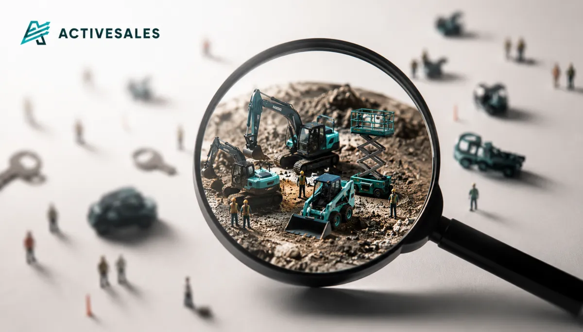 Magnifying glass focused on detailed construction equipment—excavators, skid steer, and scissor lift—representing precise targeting of contractors and industrial buyers over casual DIY renters
