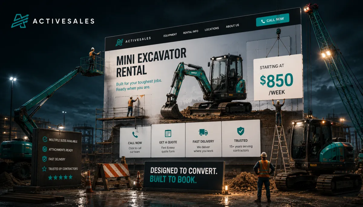 Nighttime construction site billboard for ActiveSales advertising mini excavator rental starting at $850 per week, with call-to-action icons for calling, quotes, delivery, and trust