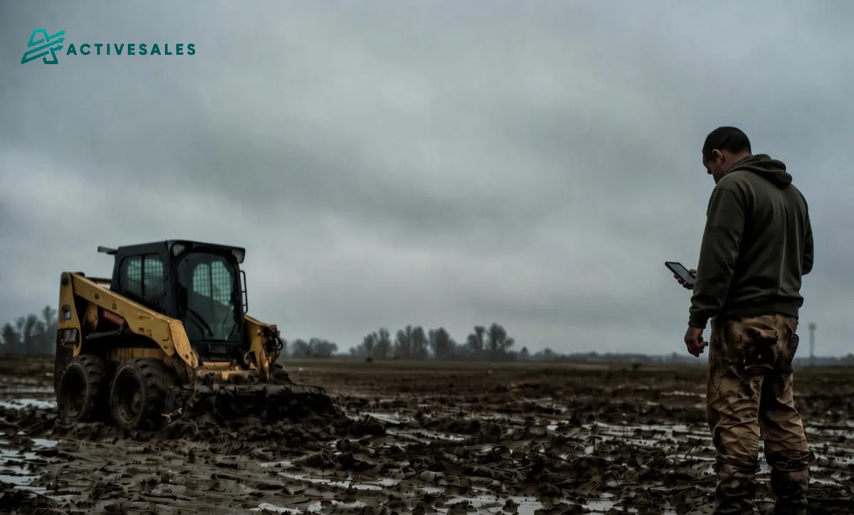 Contractor checking his phone beside a skid steer on a muddy construction site.