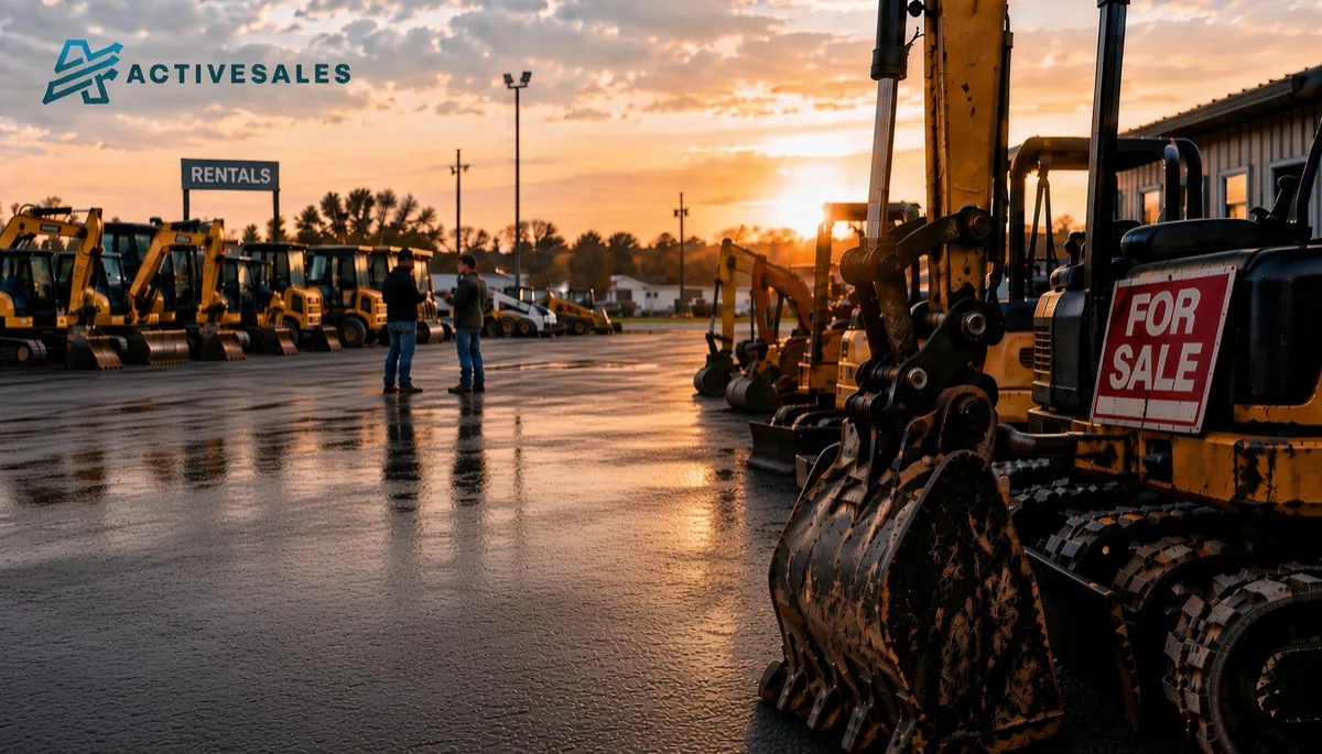 Equipment rental yard with excavators for rent and a used excavator marked for sale at sunset