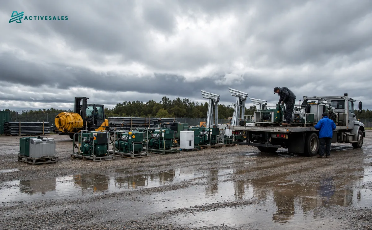 Equipment rental yard with generators, pumps, and industrial machinery loaded onto a flatbed truck under stormy skies, with workers preparing equipment for delivery.