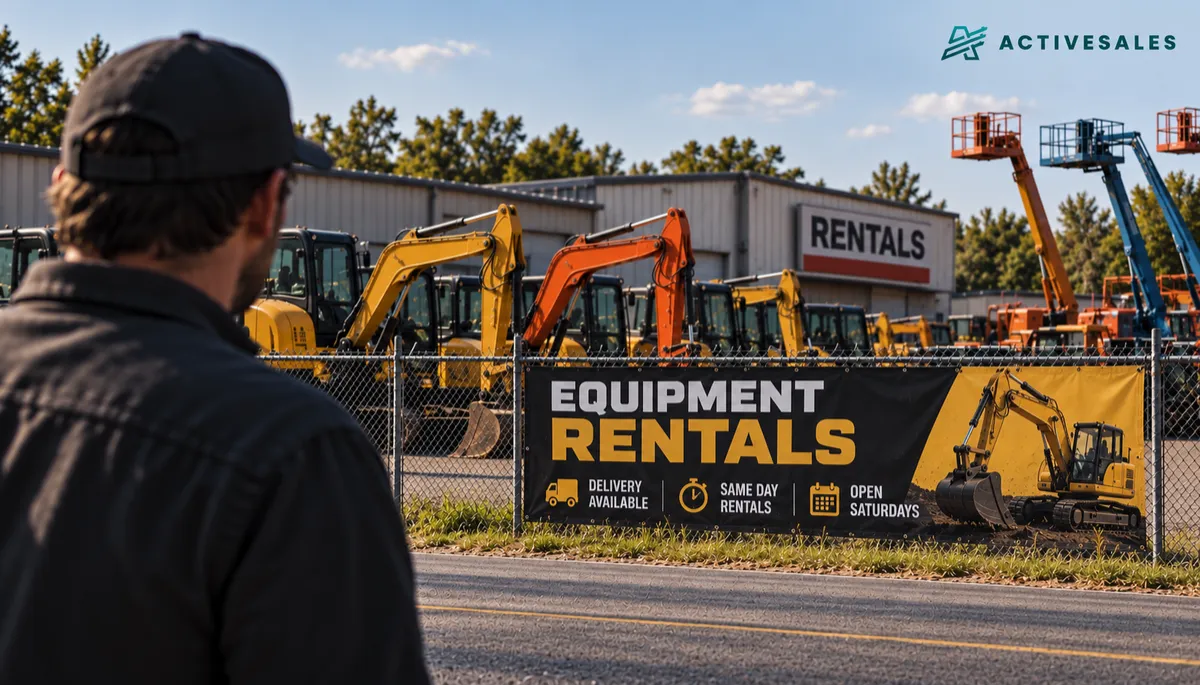 ActiveSales-branded equipment rental yard with excavators, boom lifts, and a banner advertising equipment rental services.