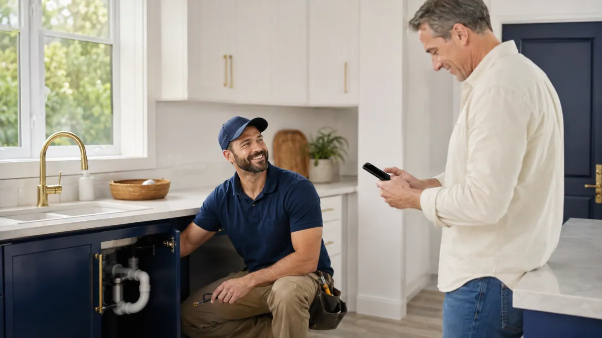 Professional plumber using a smartphone after completing a residential service call to manage customer feedback.