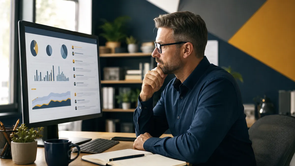 Operations leader analyzing customer review themes and service trends on a digital dashboard.