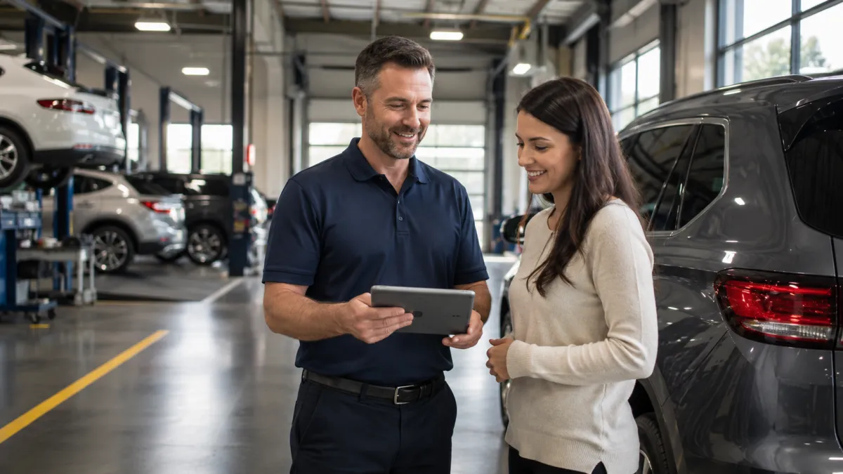 Auto repair service advisor managing customer review follow-up after a completed repair.