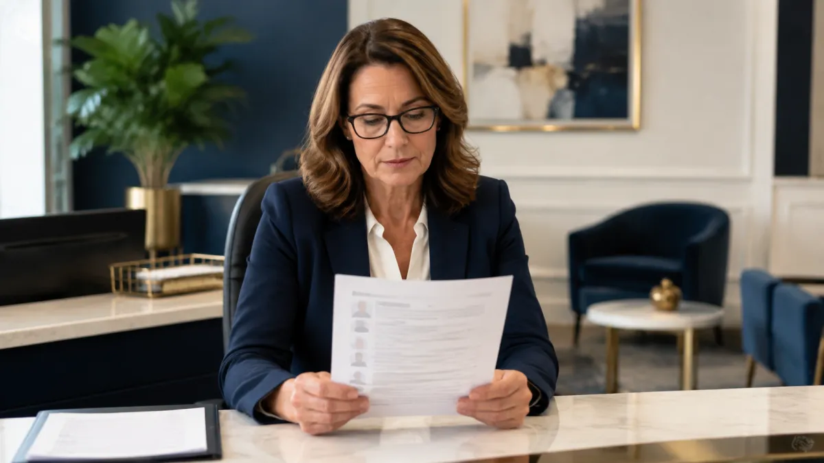 Law firm administrator managing privacy-conscious customer review follow-up in a professional office.