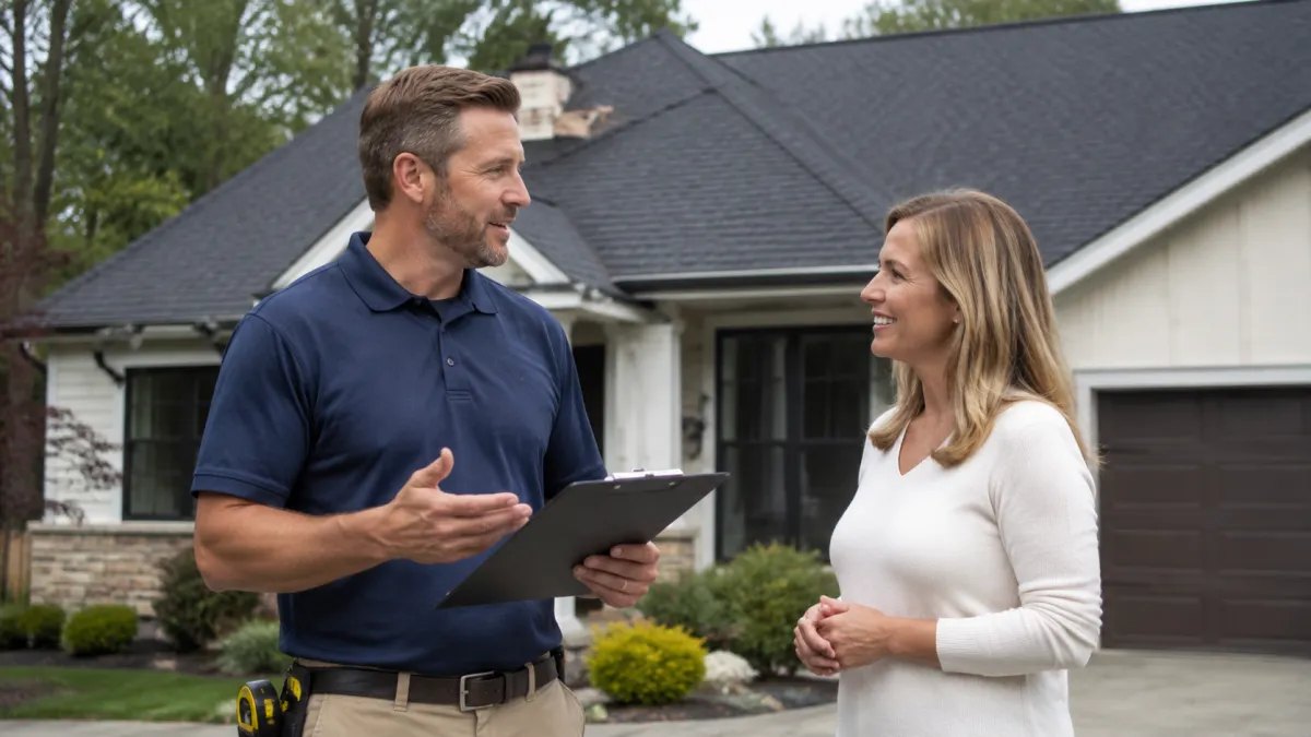 Roofing project manager coordinating customer feedback after completing a residential project.