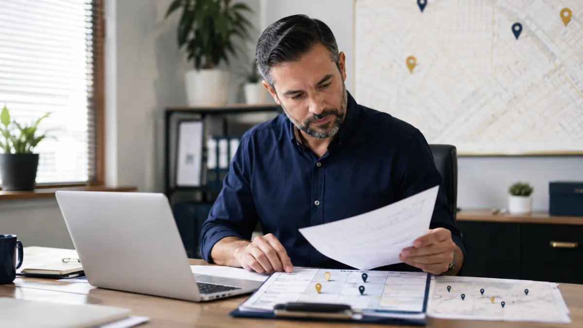 Local business owner checking consistent business information across online directories.