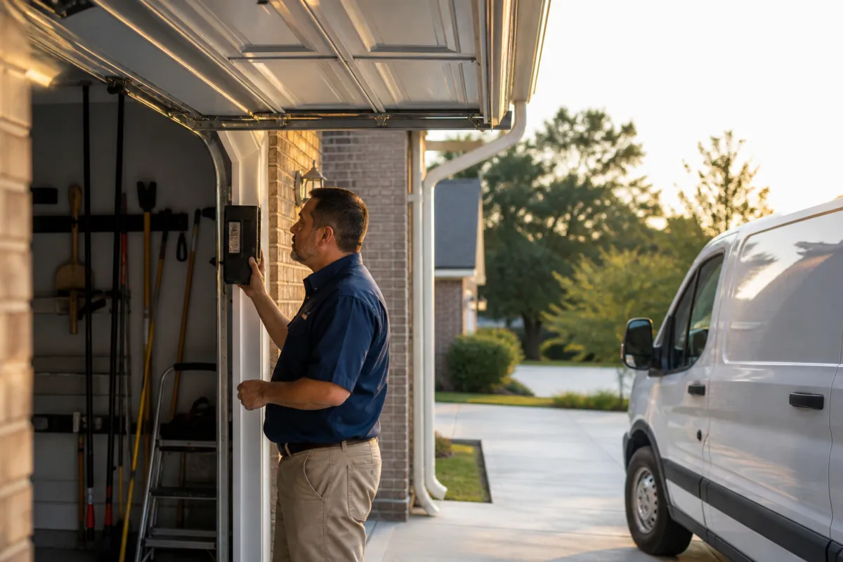 A garage-door technician in daylight at a residential garage, checking the door after a finished service call.