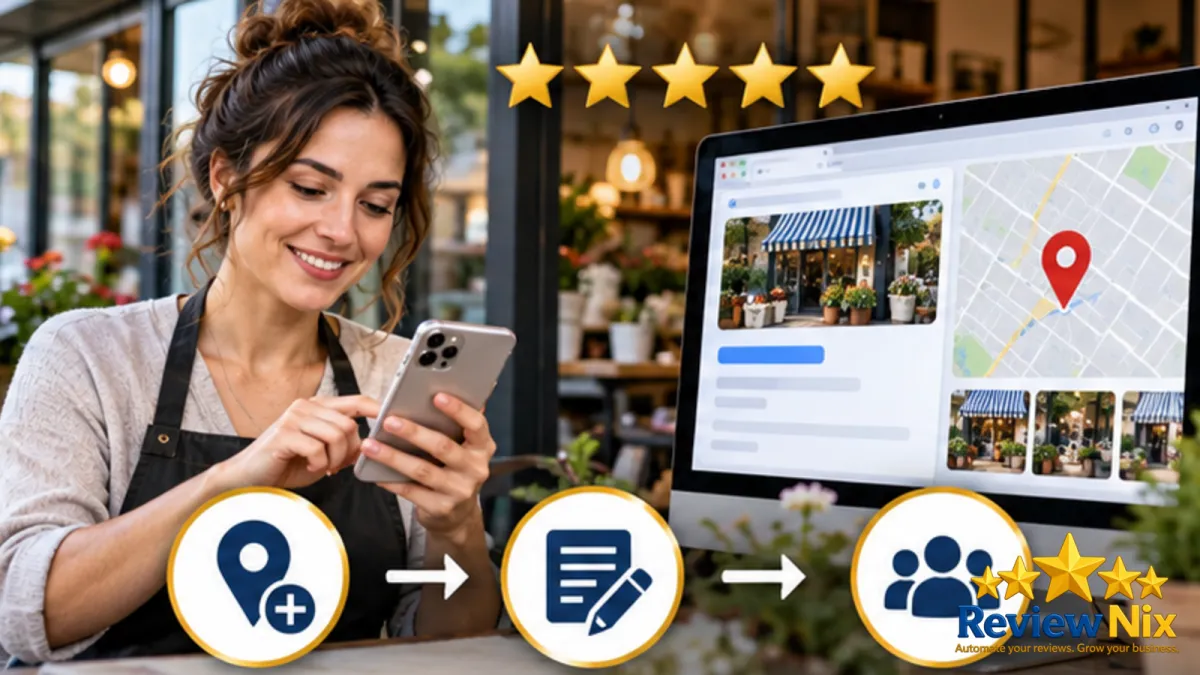 Apple Business Connect: How to Manage Your Apple Maps Listing - ReviewNix workflow thumbnail with a local business owner, five review stars and a request-to-follow-up flow