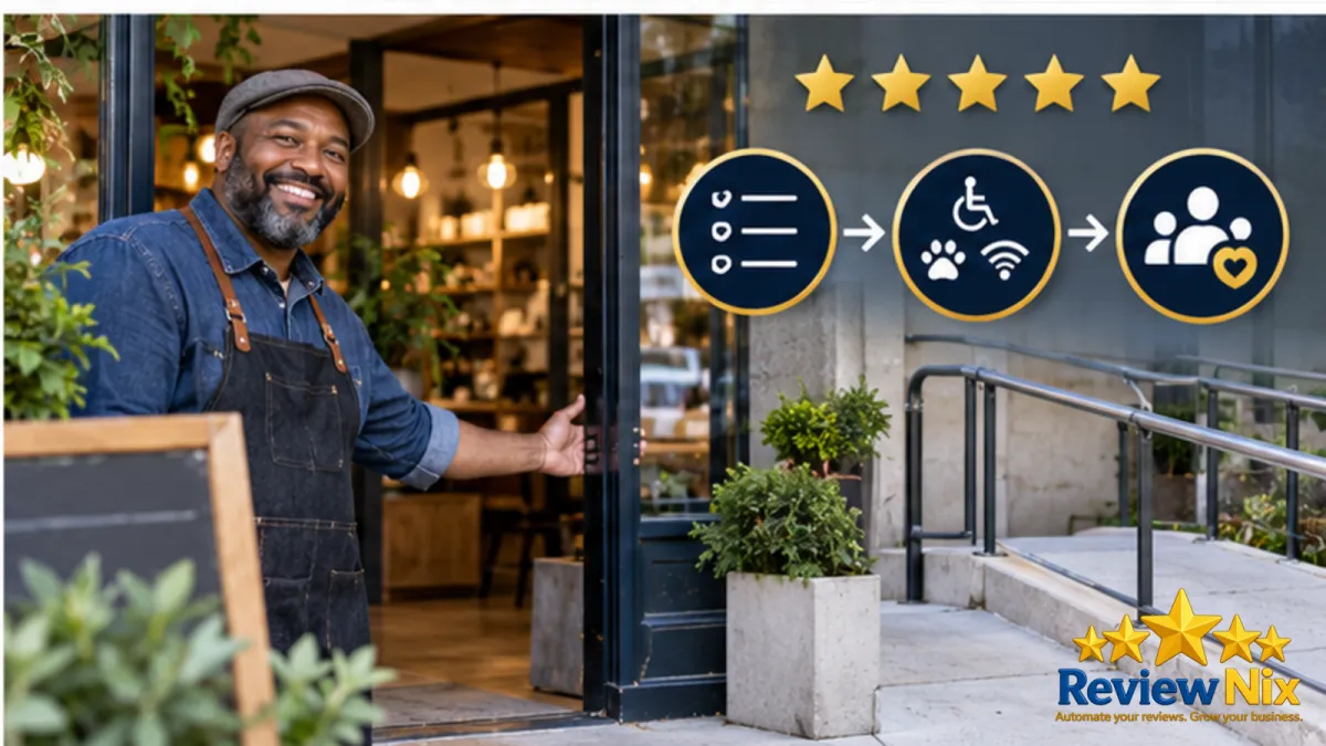 Google Business Profile Attributes: Which Ones to Turn On - ReviewNix workflow thumbnail with a local business owner, five review stars and a request-to-follow-up flow