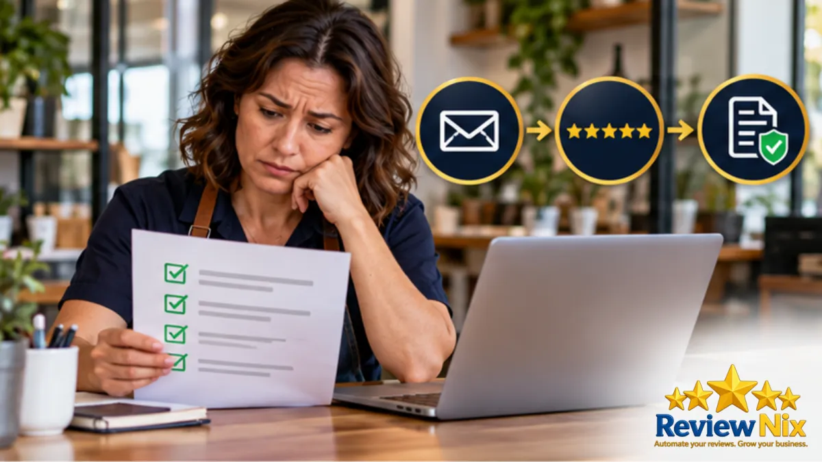Google Review Policy for Businesses: What's Allowed in 2026 - ReviewNix workflow thumbnail with a local business owner, five review stars and a request-to-follow-up flow