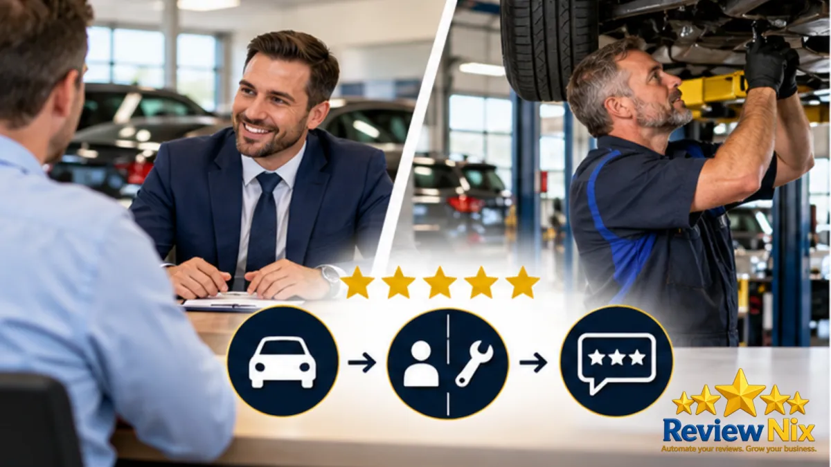 Google Reviews for Car Dealerships - ReviewNix workflow thumbnail with a local business owner, five review stars and a request-to-follow-up flow