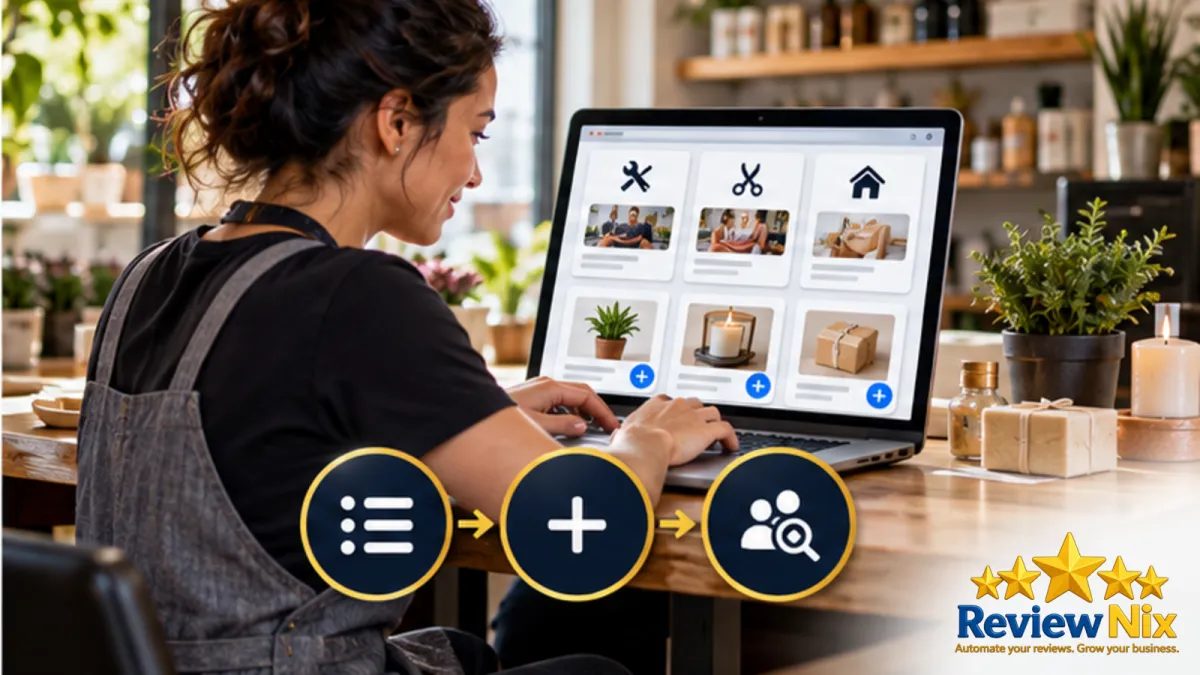 Google Business Profile Services and Products: How to Fill Them In - ReviewNix workflow thumbnail with a local business owner, five review stars and a request-to-follow-up flow