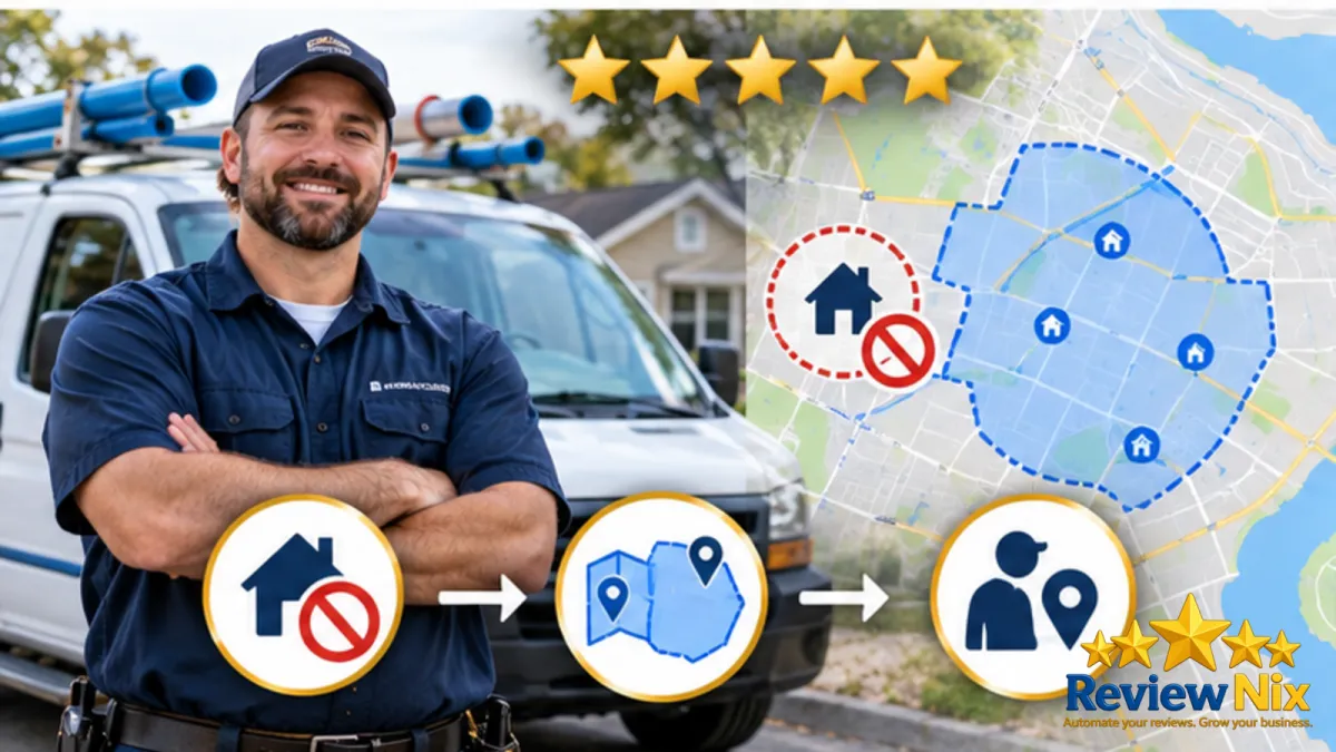 Google Business Profile for Service Area Businesses: Setup Guide - ReviewNix workflow thumbnail with a local business owner, five review stars and a request-to-follow-up flow