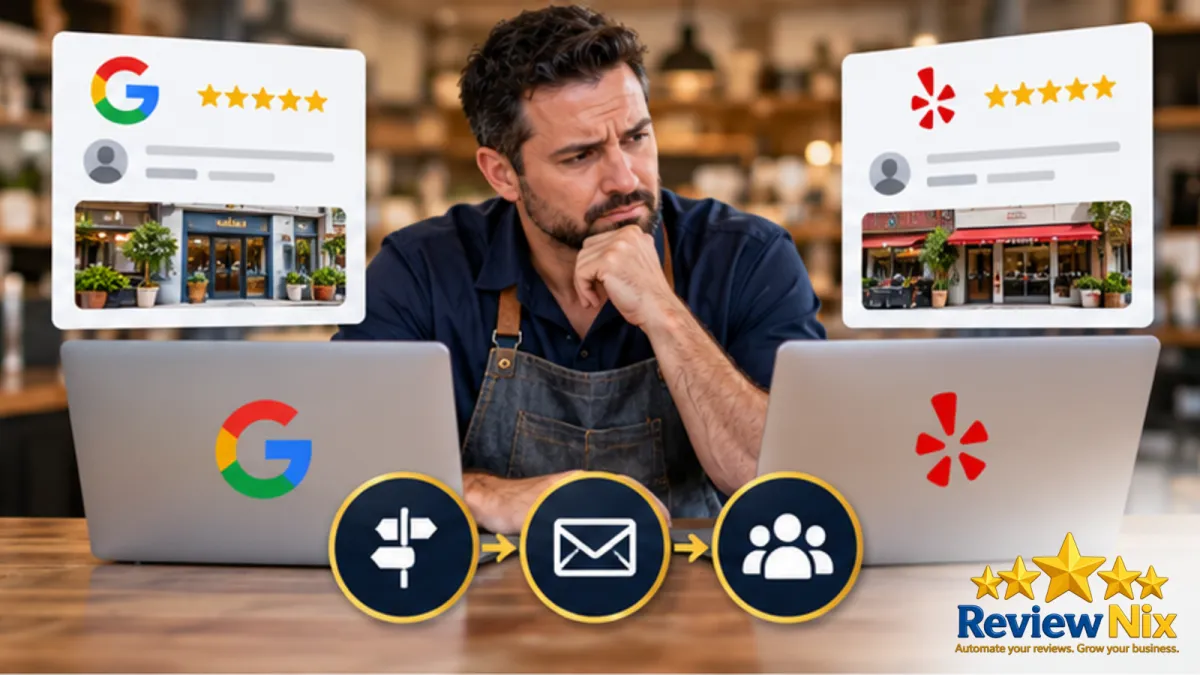 Google Reviews vs Yelp Reviews: Which Matters More for Local Businesses? - ReviewNix workflow thumbnail with a local business owner, five review stars and a request-to-follow-up flow