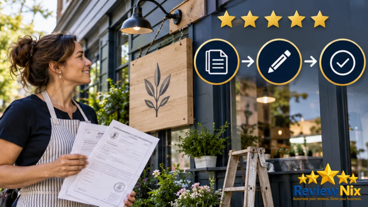 How to Change Your Business Name on Google Without Getting Suspended - ReviewNix workflow thumbnail with a local business owner, five review stars and a request-to-follow-up flow