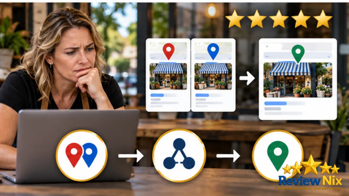 How to Find and Remove a Duplicate Google Business Profile - ReviewNix workflow thumbnail with a local business owner, five review stars and a request-to-follow-up flow