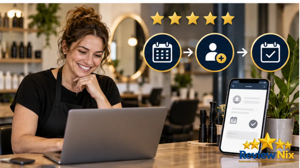 How to Add a Booking Button to Your Google Business Profile - ReviewNix workflow thumbnail with a local business owner, five review stars and a request-to-follow-up flow