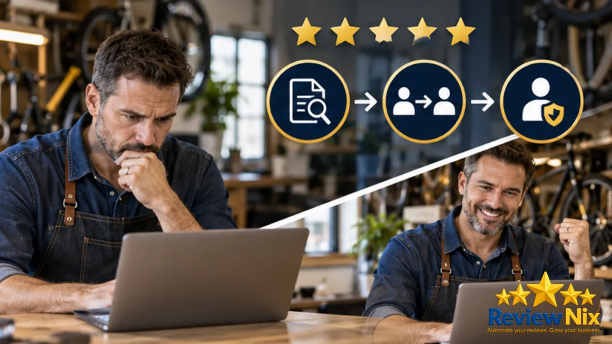 How to Add a Manager or Transfer Google Business Profile Ownership - ReviewNix workflow thumbnail with a local business owner, five review stars and a request-to-follow-up flow