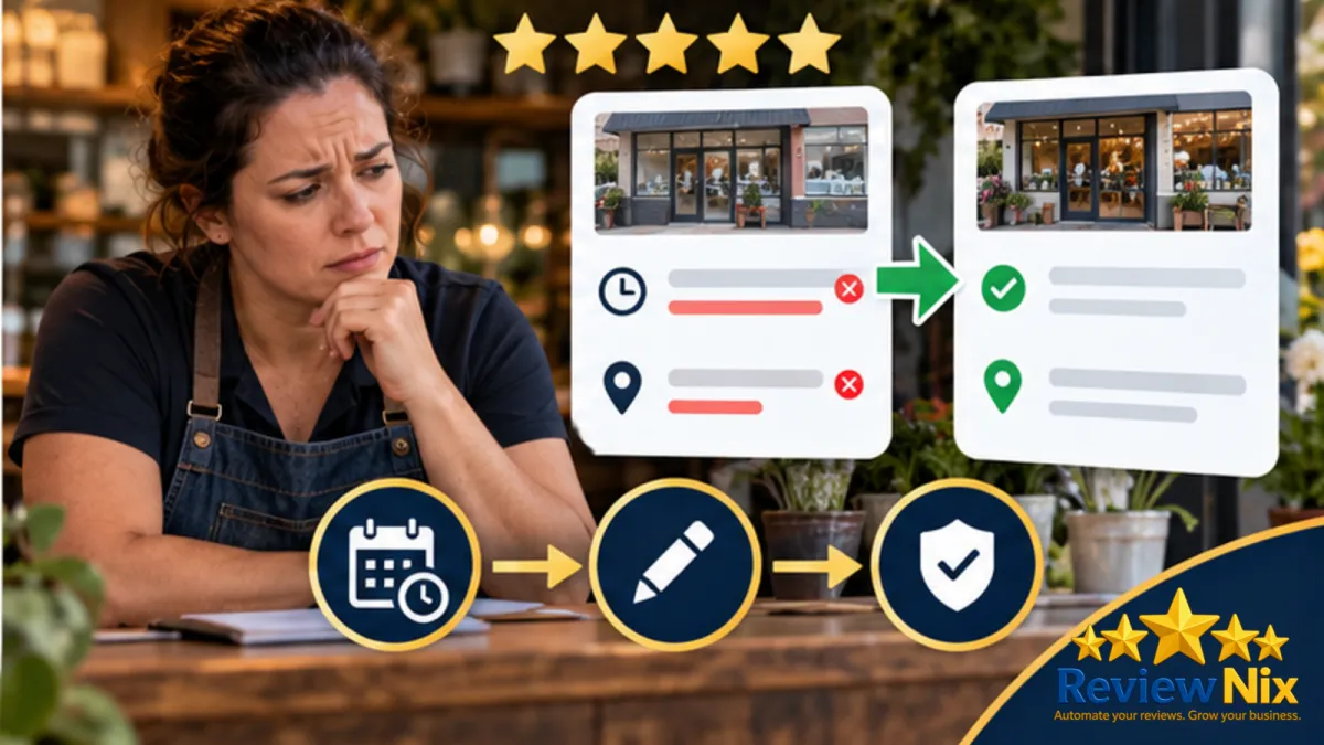 How to Stop Unwanted Edits to Your Google Business Profile - ReviewNix workflow thumbnail with a local business owner, five review stars and a request-to-follow-up flow