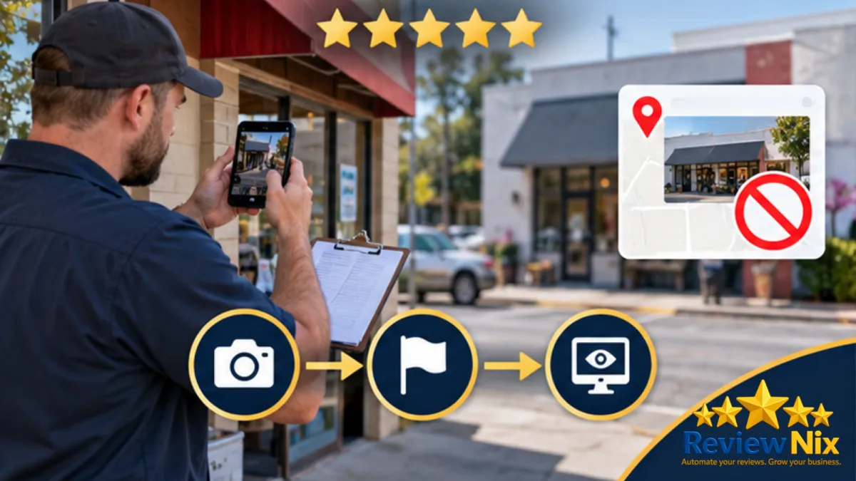 How to Report a Spam Competitor Listing on Google Maps - ReviewNix workflow thumbnail with a local business owner, five review stars and a request-to-follow-up flow