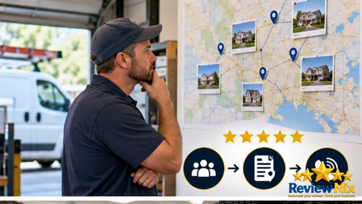 Service Area Pages: How to Rank in Cities Without an Office - ReviewNix workflow thumbnail with a local business owner, five review stars and a request-to-follow-up flow
