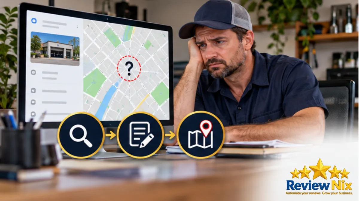 Why Isn't My Business Showing on Google Maps? Fixes by Cause - ReviewNix workflow thumbnail with a local business owner, five review stars and a request-to-follow-up flow