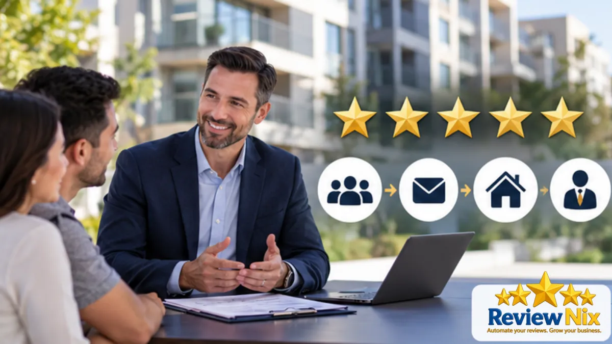 Google Reviews for Property Management Companies - ReviewNix workflow thumbnail with a local business owner, five review stars and a request-to-follow-up flow