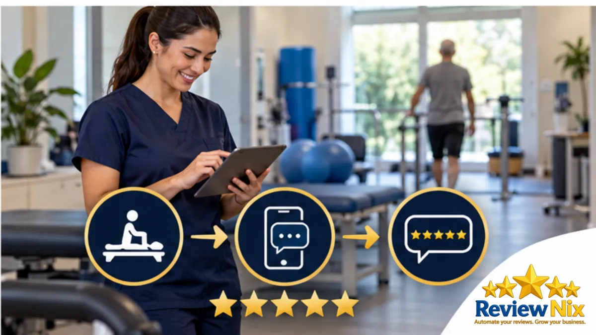 Google Reviews for Physical Therapists - ReviewNix workflow thumbnail with a local business owner, five review stars and a request-to-follow-up flow