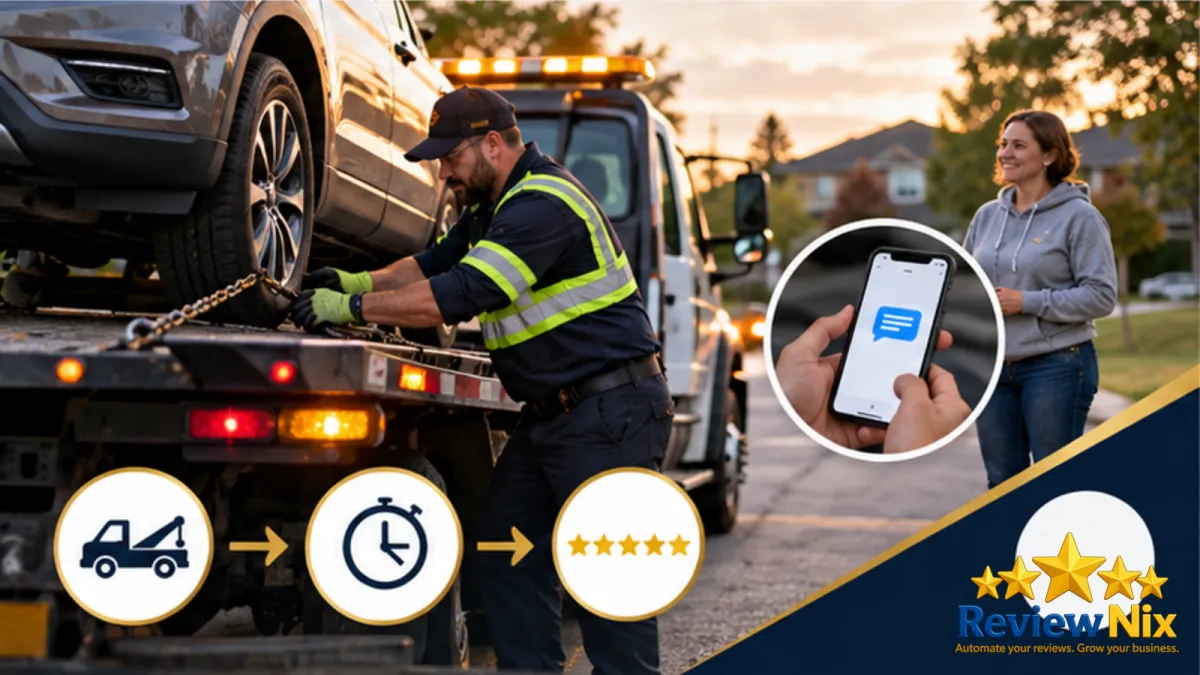 Google Reviews for Towing Companies - ReviewNix workflow thumbnail with a local business owner, five review stars and a request-to-follow-up flow
