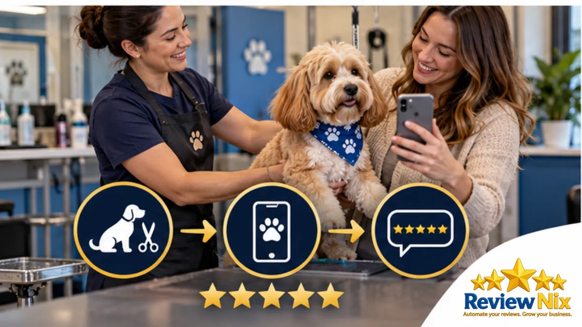 Google Reviews for Pet Groomers - ReviewNix workflow thumbnail with a local business owner, five review stars and a request-to-follow-up flow