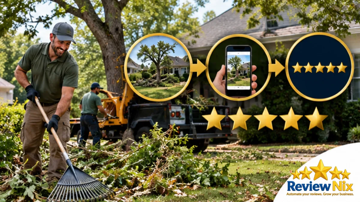 Google Reviews for Tree Service Companies - ReviewNix workflow thumbnail with a local business owner, five review stars and a request-to-follow-up flow