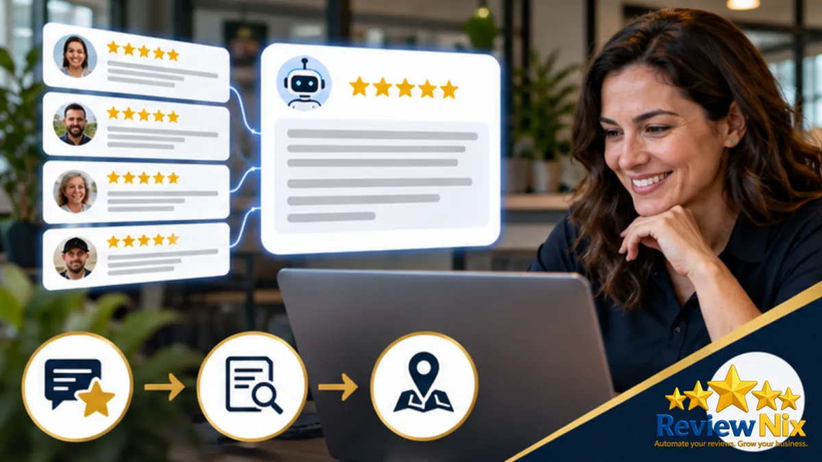 How AI Overviews Use Google Reviews for Local Businesses - ReviewNix workflow thumbnail with a local business owner, five review stars and a request-to-follow-up flow