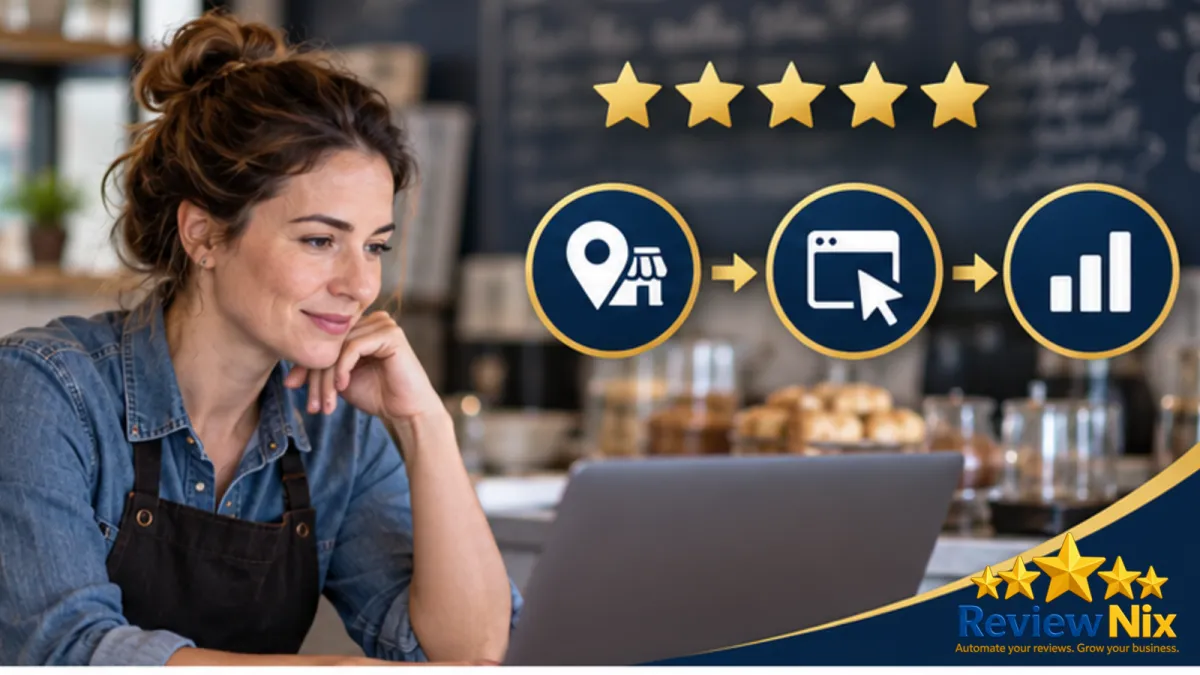 How to Track Google Business Profile Clicks in GA4 With UTM Tags - ReviewNix workflow thumbnail with a local business owner, five review stars and a request-to-follow-up flow