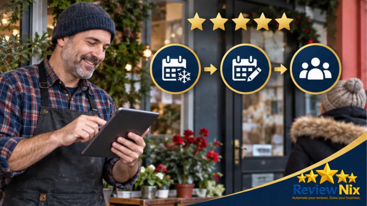 How to Set Holiday and Special Hours on Google Business Profile - ReviewNix workflow thumbnail with a local business owner, five review stars and a request-to-follow-up flow