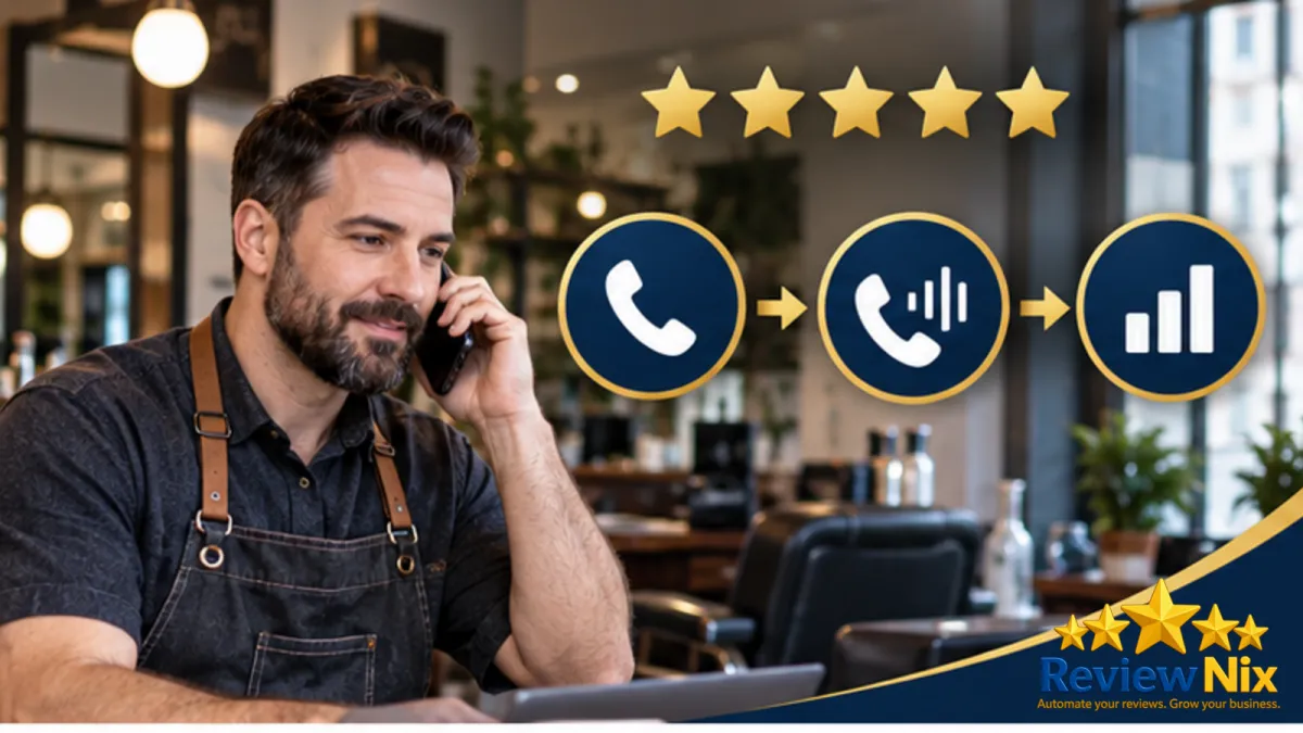 Can You Use a Call Tracking Number on Google Business Profile? - ReviewNix workflow thumbnail with a local business owner, five review stars and a request-to-follow-up flow