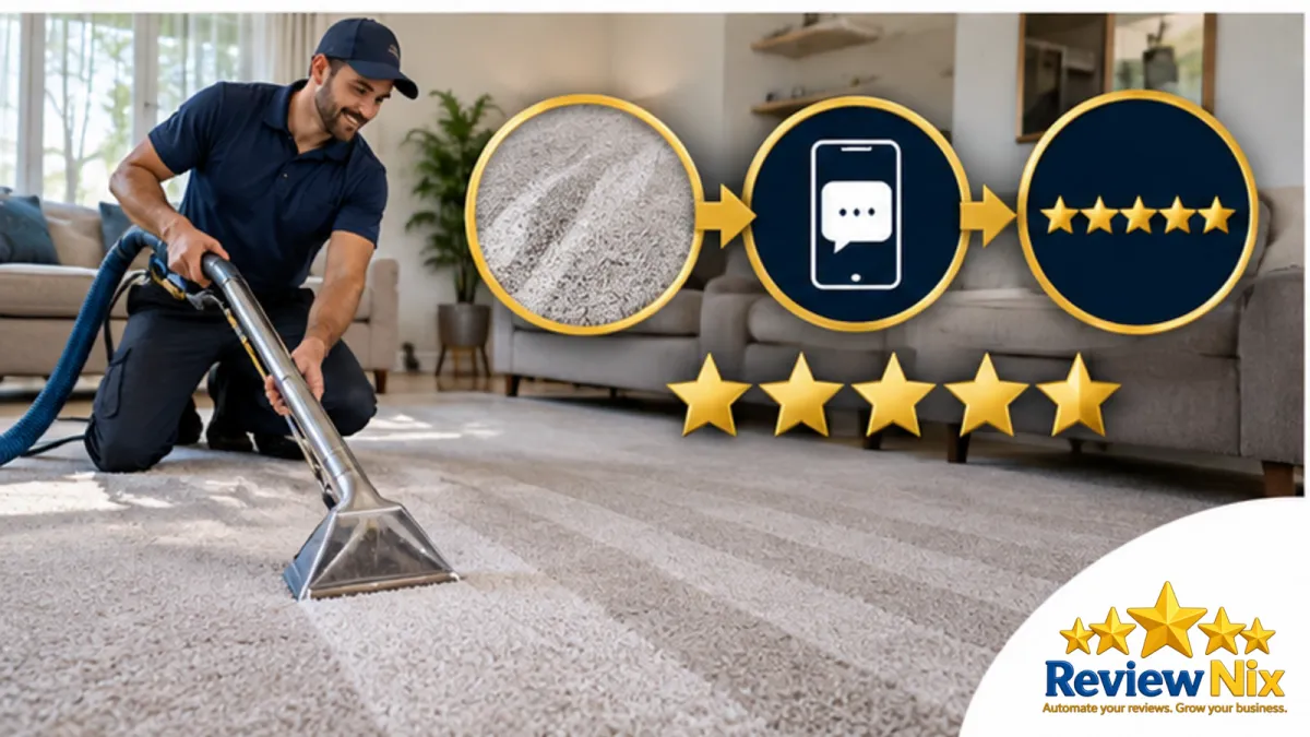 Google Reviews for Carpet Cleaning Companies - ReviewNix workflow thumbnail with a local business owner, five review stars and a request-to-follow-up flow
