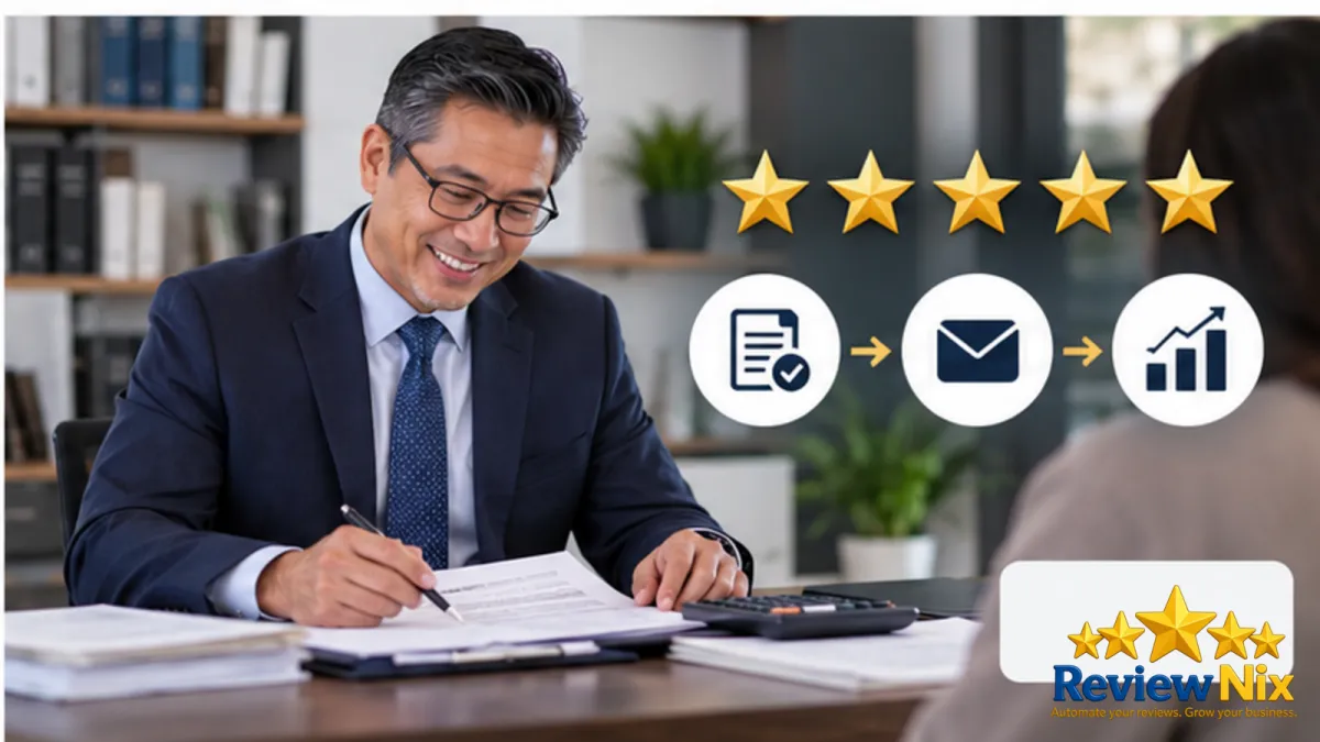 Google Reviews for Accountants and CPAs - ReviewNix workflow thumbnail with a local business owner, five review stars and a request-to-follow-up flow