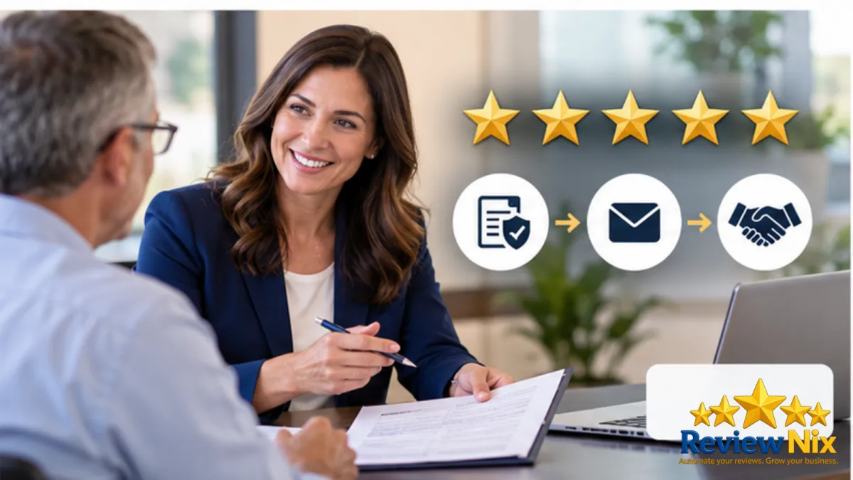 Google Reviews for Insurance Agents - ReviewNix workflow thumbnail with a local business owner, five review stars and a request-to-follow-up flow