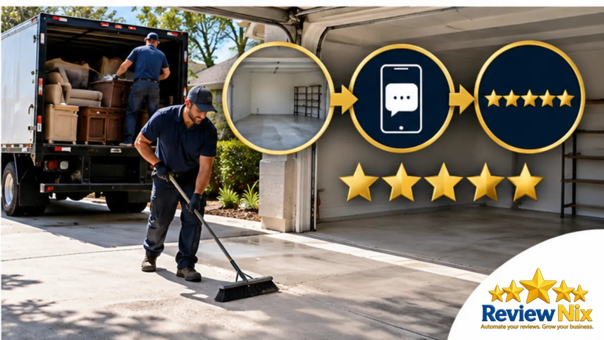 Google Reviews for Junk Removal Companies - ReviewNix workflow thumbnail with a local business owner, five review stars and a request-to-follow-up flow