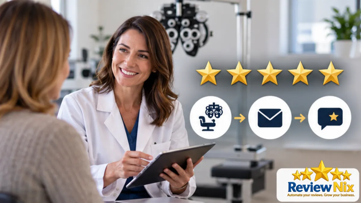 Google Reviews for Optometrists - ReviewNix workflow thumbnail with a local business owner, five review stars and a request-to-follow-up flow