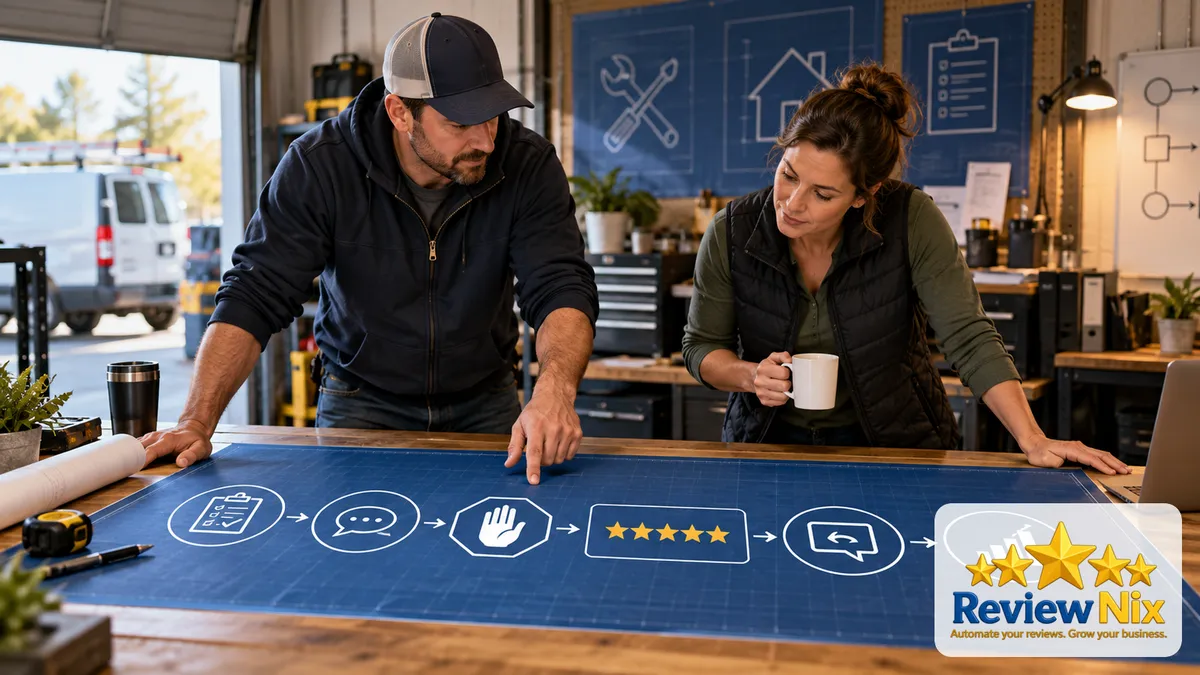 A visual explanation of google review checklist: a complete monthly system for local businesses showing a business owner, a review workflow and five gold stars.