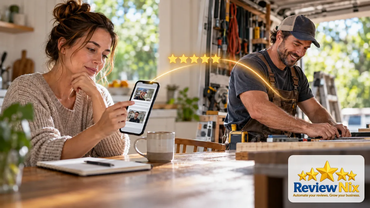 A visual explanation of why google reviews matter for small businesses at the moment of choice showing a business owner, a review workflow and five gold stars.
