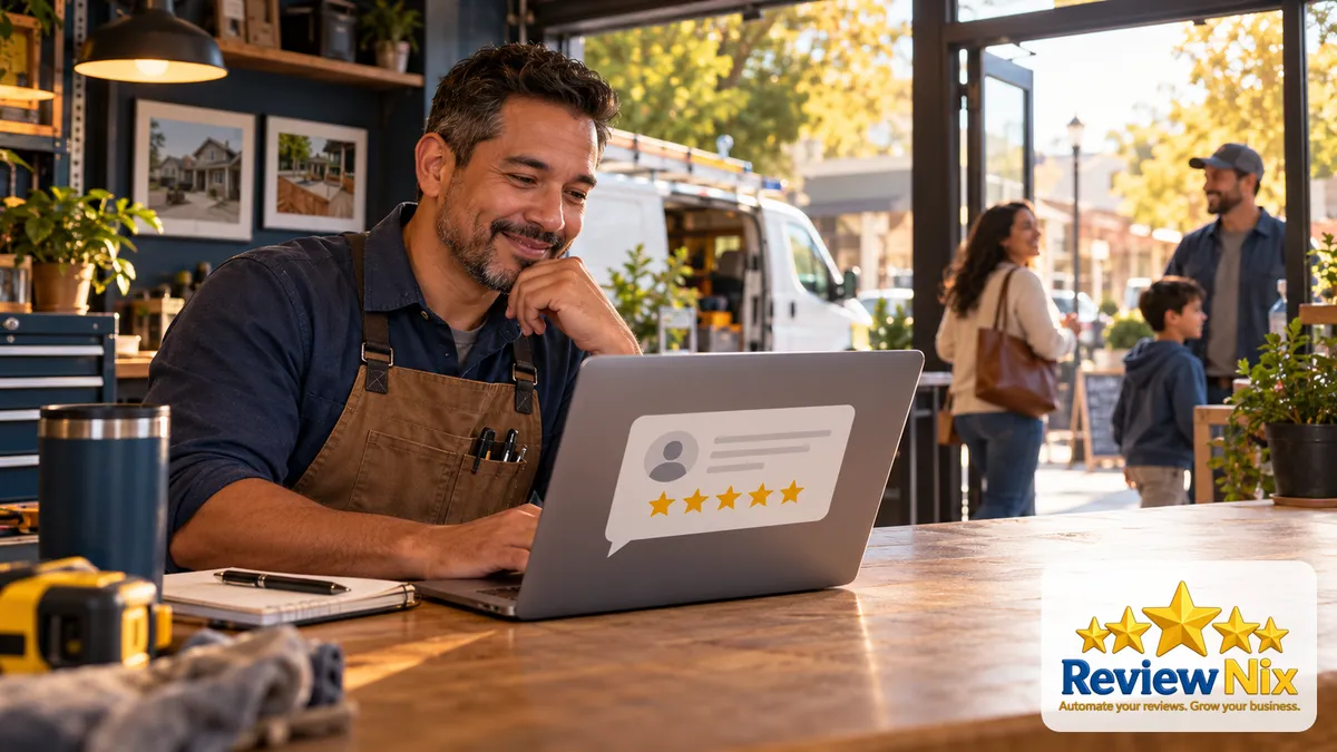 A visual explanation of why are google reviews important for small business? the practical business impact showing a business owner, a review workflow and five gold stars.