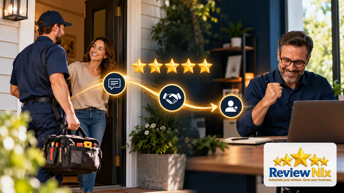 A visual explanation of why google reviews are important: trust, visibility and better decisions showing a business owner, a review workflow and five gold stars.