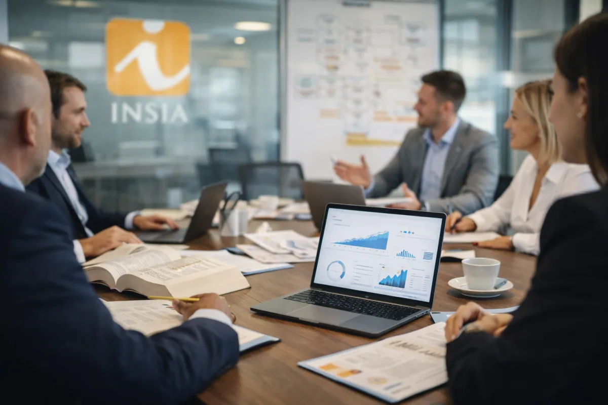 „Odborné zázemí společnosti INSIA – tým finančních specialistů při poradě v moderní kanceláři s analytickými nástroji, dokumentací a logem makléřské společnosti INSIA na pozadí.“