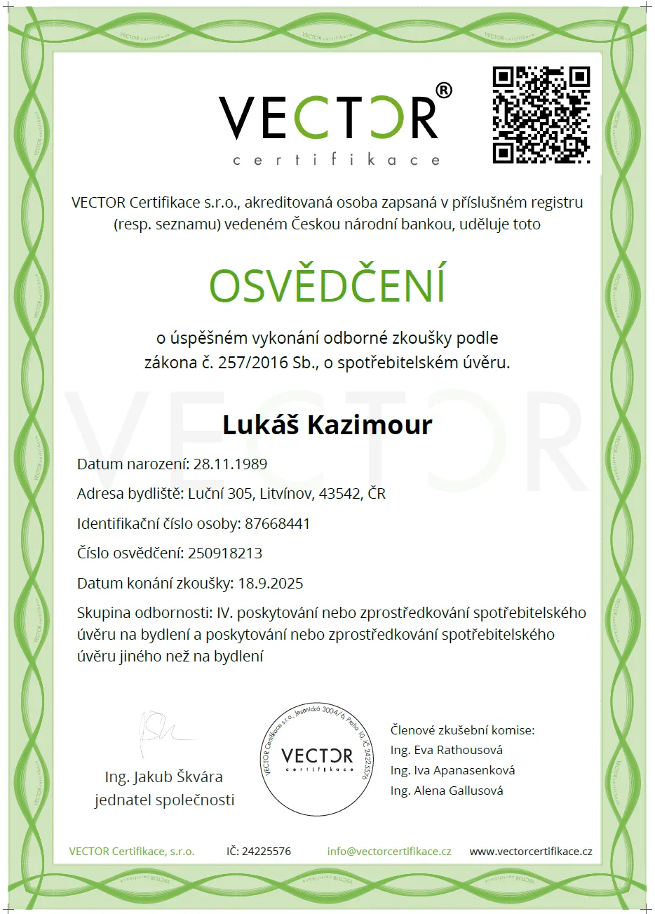 Osvědčení VECTOR Certifikace Lukáš Kazimour podle zákona 257/2016 Sb. pro poskytování a zprostředkování spotřebitelských úvěrů