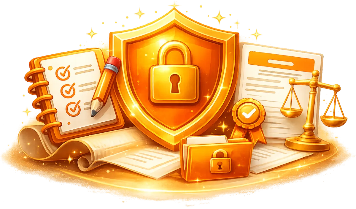 Ochrana osobnich udaju a bezpecnost dat – symbolicky stit se zamkem a dokumenty znazornujici GDPR a ochranu soukromi