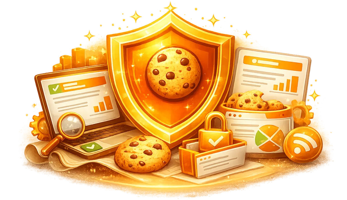Cookies a bezpecnost dat na webu – symbolicky stit s cookie znazornujici analyticke a technicke cookies